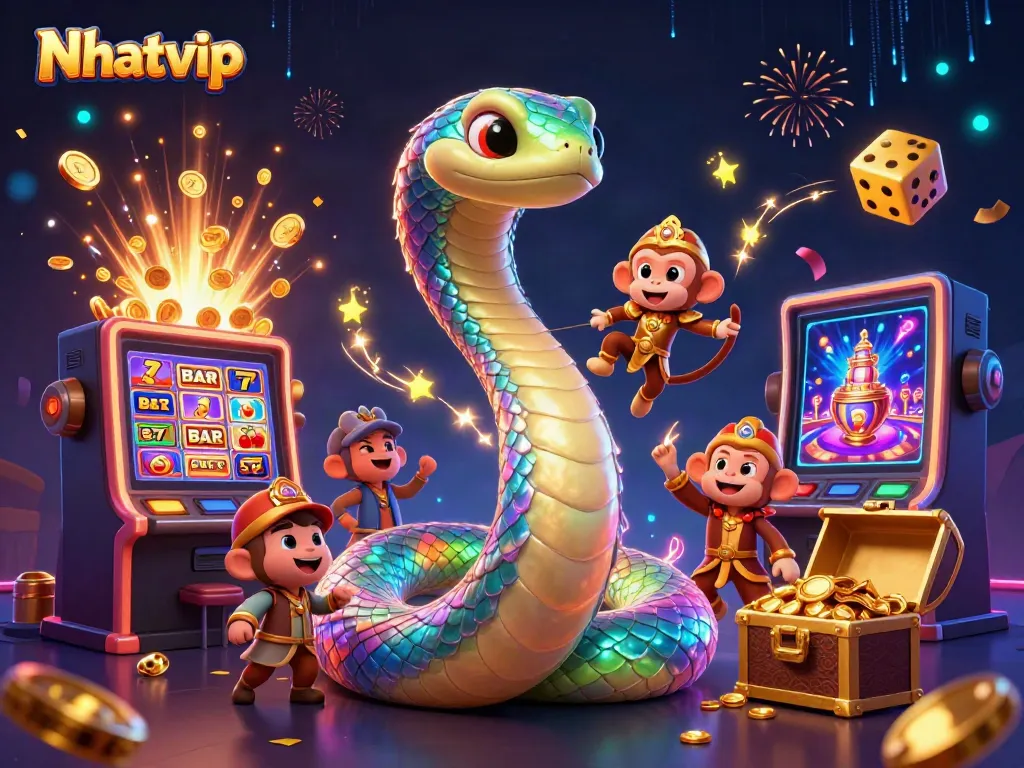 Experience Nhatvip's thrilling casino games with an enchanting scene filled with golden glimmers and dynamic elements.