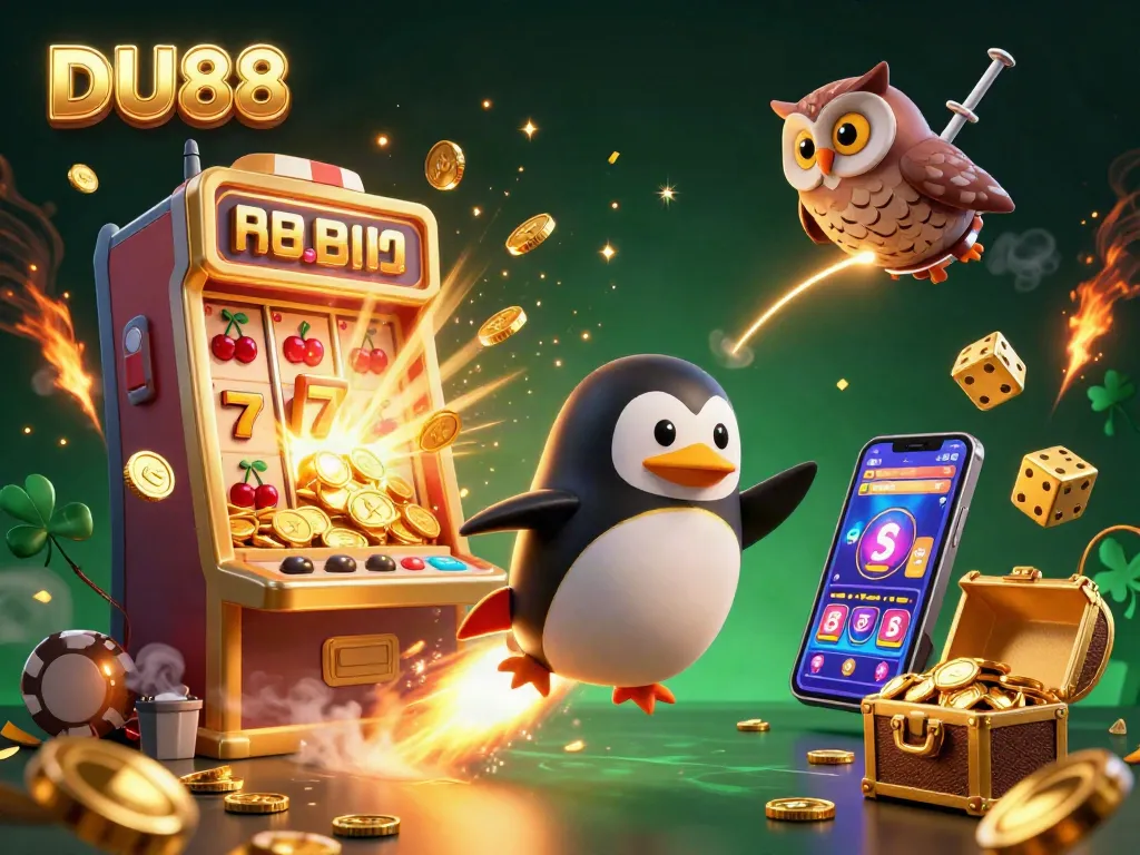 Experience DU88's thrilling jackpots with a golden penguin and casino excitement in 3D.