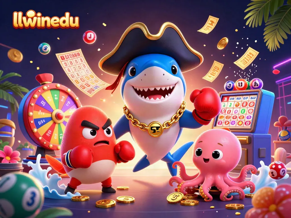 Engage with llwinedu's vibrant 3D casino illustration featuring a shark, pufferfish, and octopus amidst lottery elements.
