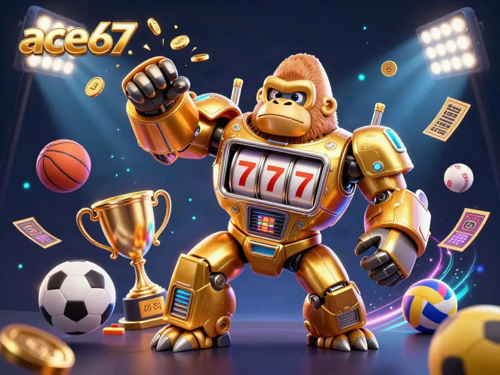 Engage with ace67's dynamic gaming world featuring a powerful gorilla mech and sports action.