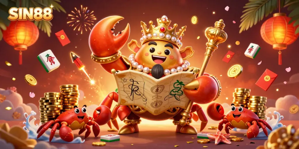 SIN88 crab emperor holding a scepter over abundant casino treasures, embodying winning strategies.