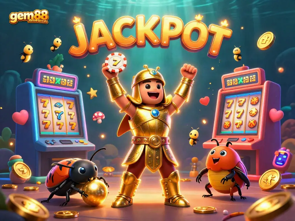 Engage with gem88-mobile's exciting 3D scene featuring joyous characters celebrating a jackpot win at a casino
