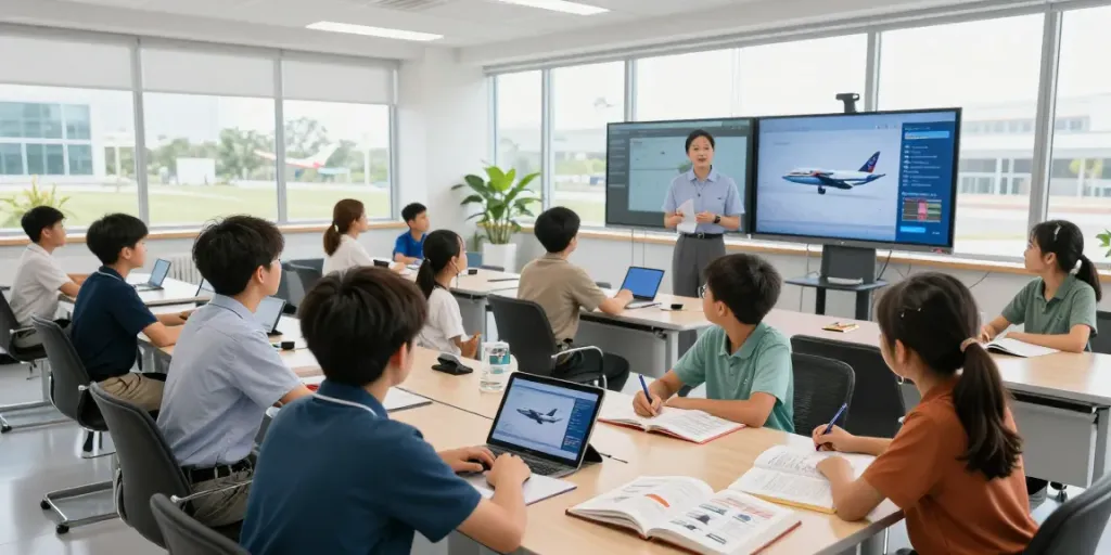 Modern aviation training classroom featuring engaged students and instructors, highlighting education pathways linked to aviation careers, link gacor in a professional setting.
