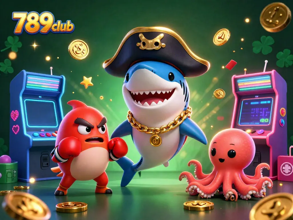 Engage with 789club's exciting casino scene featuring a playful shark, pufferfish, and octopus with vibrant gaming elements.