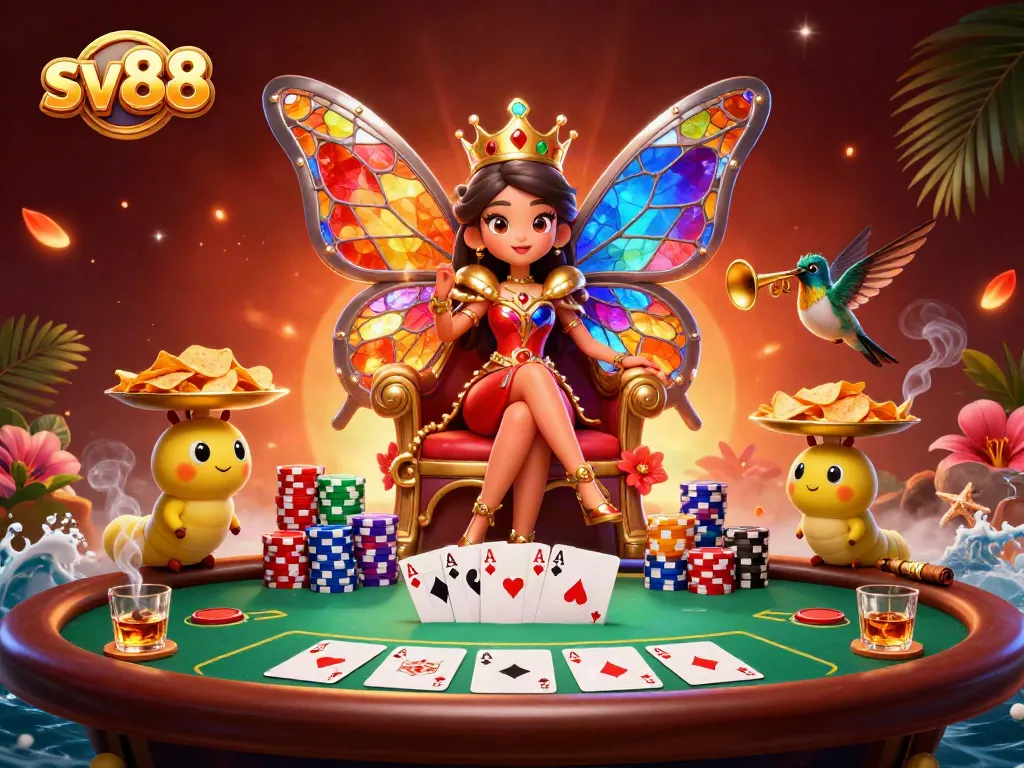 Enhance your gaming experience at sv88 with vibrant casino elements and an enchanting butterfly queen.