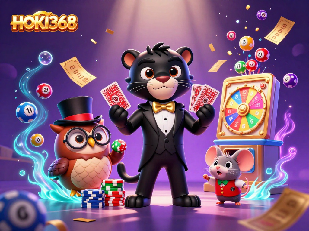 Play exciting games at HOKI368 with vibrant characters and casino elements in an engaging scene.