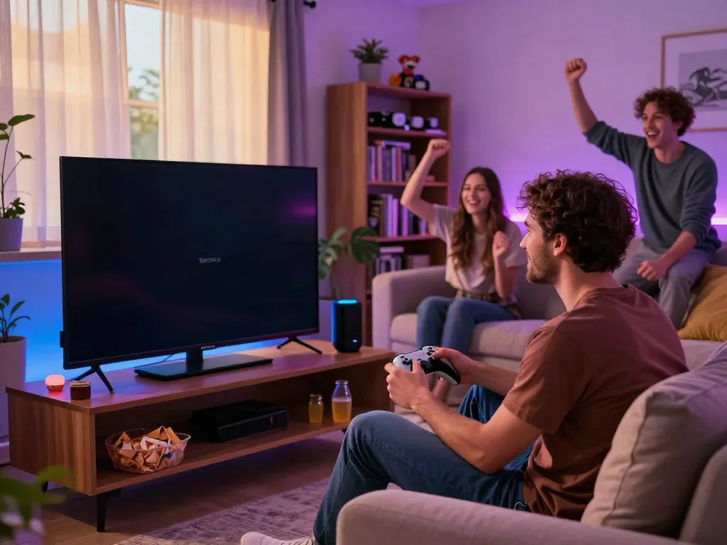 Exciting gaming night scene with Sunwin logo displayed on TV, friends enjoying the experience together.
