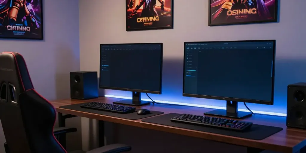 Gambar tampilan profesional untuk akses seributoto ke permainan kasino online dengan monitor dan kursi gaming.