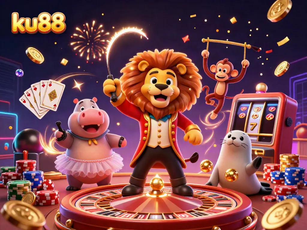 Engage with ku88's thrilling casino adventure featuring a circus scene with whimsical characters and vibrant gaming elements.