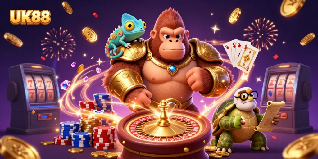 Engage in thrilling gambling action at UK88 with a dynamic scene featuring a gorilla king and magical elements.