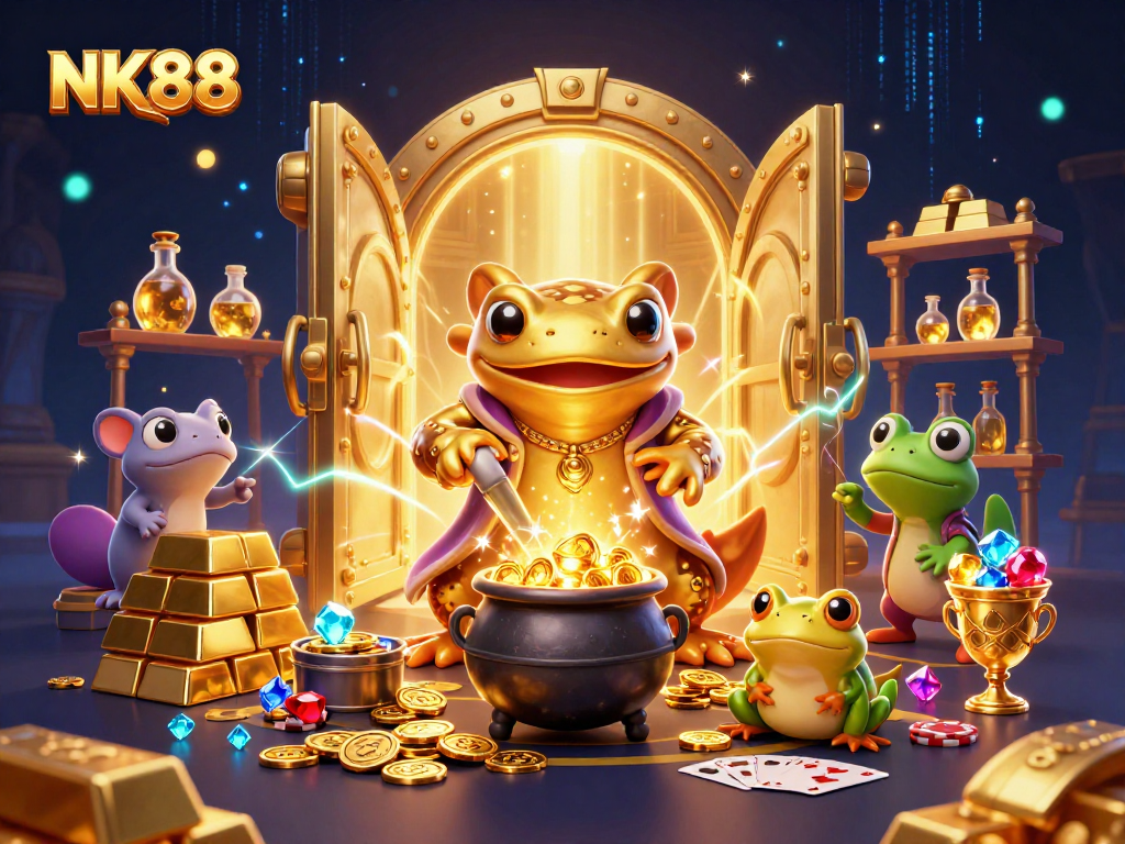 Experience the magical world of NK88 as the golden salamander alchemist celebrates casino triumphs.