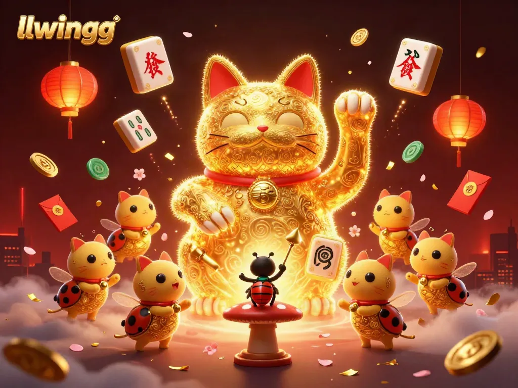 Join the festive llwingg celebration with a giant lucky cat surrounded by casino symbols and joyful imagery.