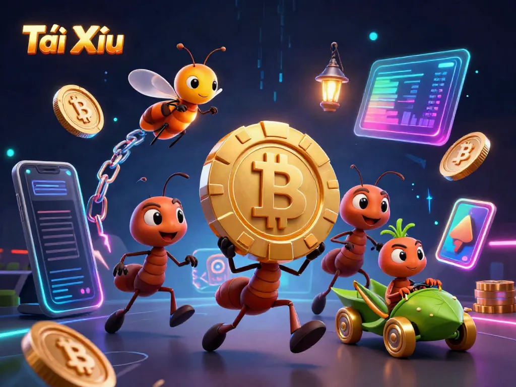 Tài Xỉu game heist scene with cartoon ants and crypto elements illustrating a dynamic gambling atmosphere.