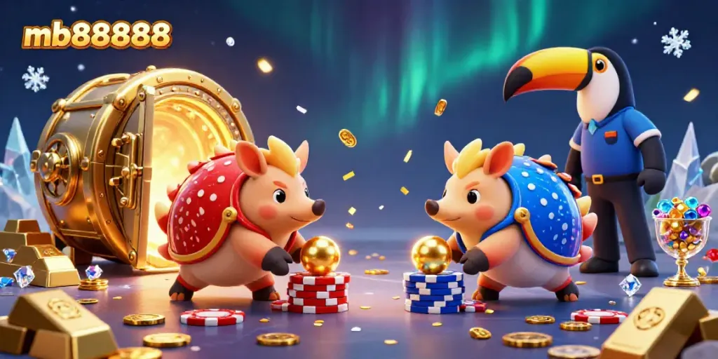 Experience thrilling competition at mb888888 with pangolins bowling golden balls in a rich casino scene.