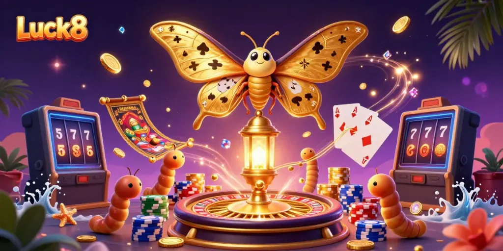 Experience exciting gaming at Luck8 with vibrant golden coins, a majestic moth, and dynamic casino elements.