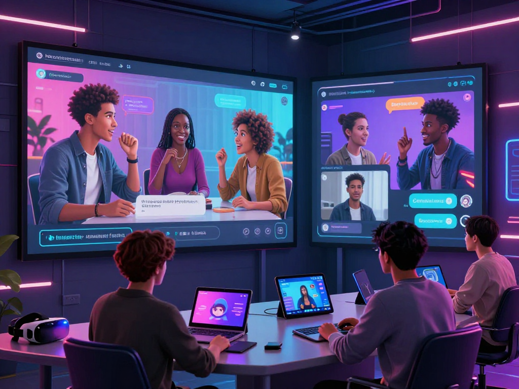Interactive virtual chat environment showcasing porn chat AI with diverse characters, vibrant neon lights, and immersive technology.