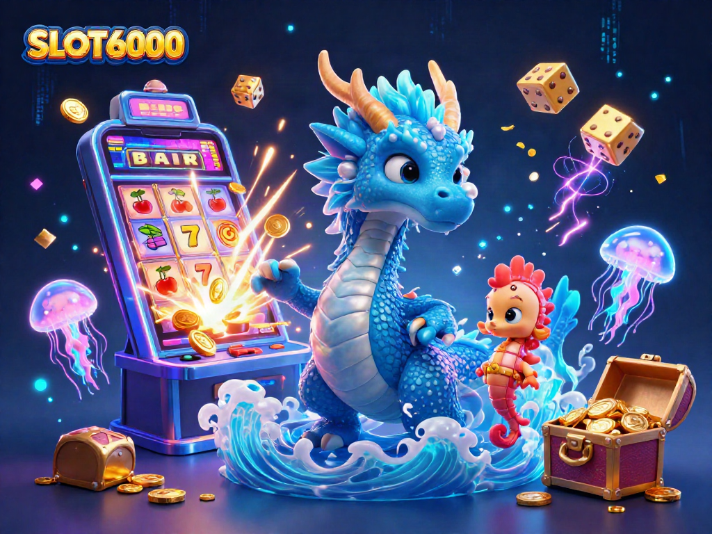 SLOT6000 features a vibrant scene with a dragon and seahorse knight amidst casino symbols and jackpot excitement.