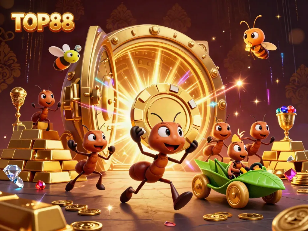 Engage in the excitement of TOP88 with cartoon heist ants, a golden poker chip, and riches galore!
