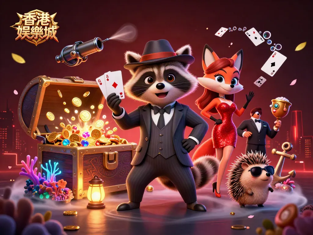 Experience excitement at 香港娛樂城 with a suave raccoon, vibrant game elements, and captivating ambiance.