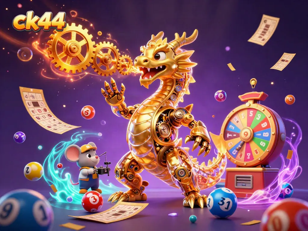 Engage with ck44 as a vibrant dragon spews gears amidst falling lottery balls, showcasing dynamic gameplay.