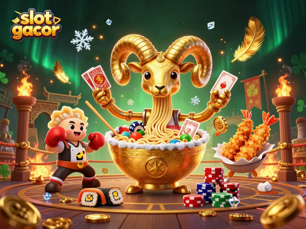 Engage in lively slot gacor action with a cartoon ramen bowl dealer, coins, and atmospheric effects.
