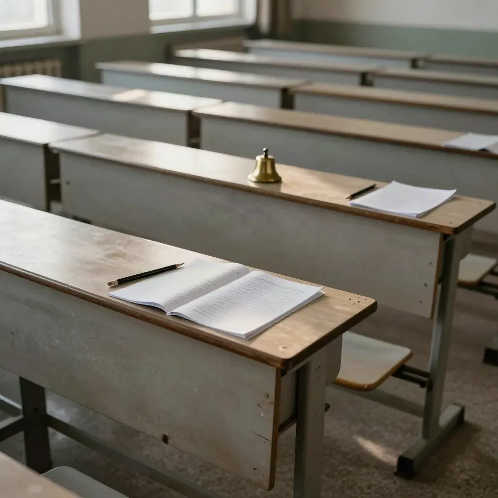 Pusta sala egzaminacyjna z ołówkami, odwróconymi arkuszami i dzwonkiem w ostatnim rzędzie