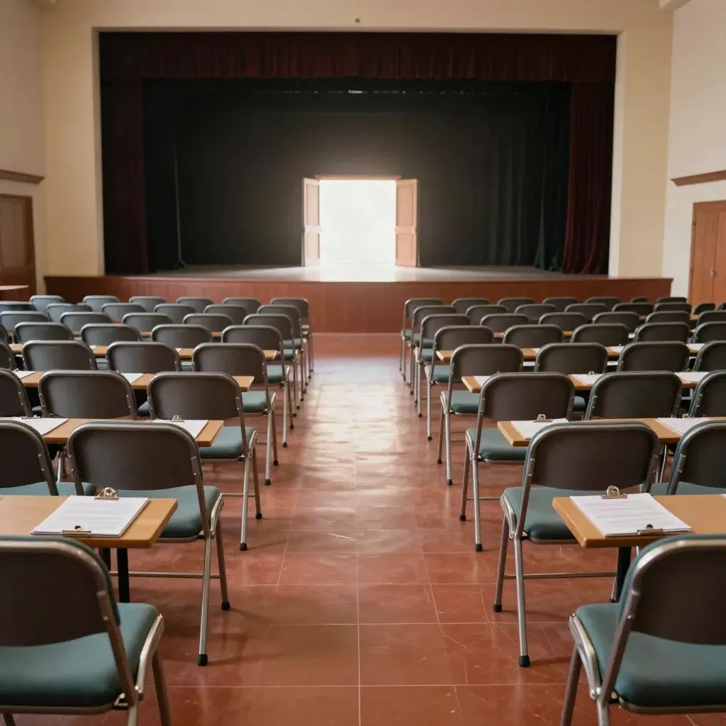 Pusta sala z krzesłami i otwartymi drzwiami sceny, światło wpada w mgłę.