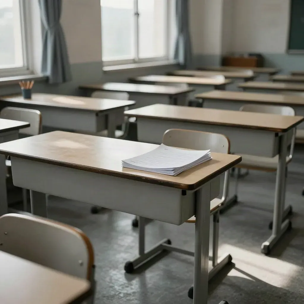 Pusta klasa egzaminacyjna z odwróconymi arkuszami, rzędem ławek i kubkami na ołówki przy oknach.