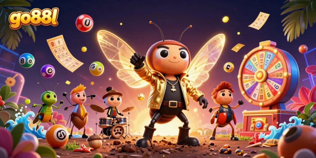 Experience the thrill of go88l with this vibrant lottery scene featuring a rock star and dynamic game elements.