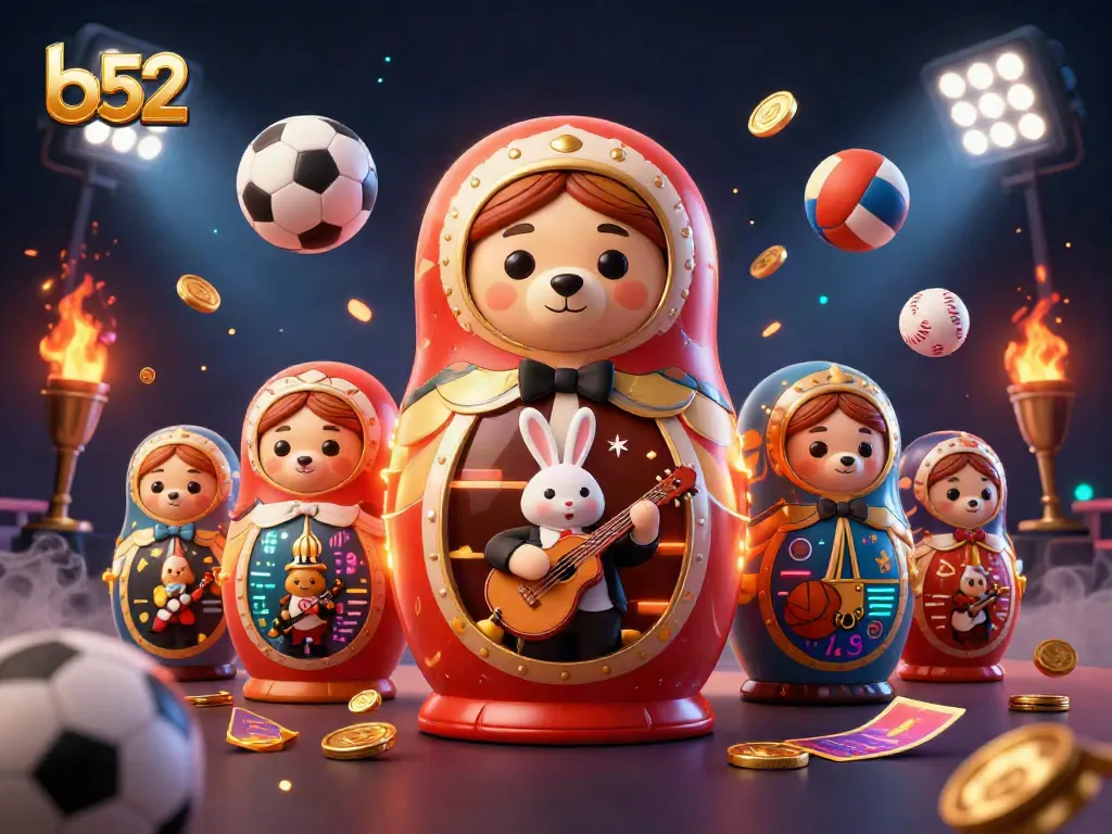 Experience the excitement of B52 with colorful bears and dynamic sports elements in a casino-themed illustration.