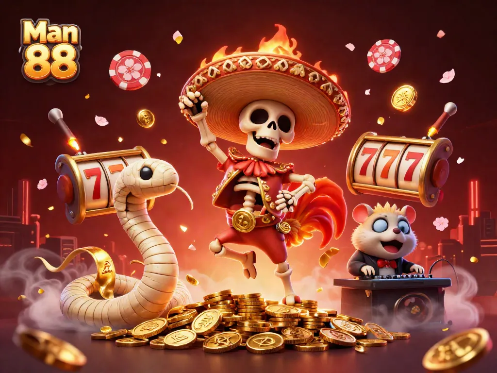 Man 88 showcases a vivid casino celebration with a lively rooster, mummy snake, and DJ hamster amidst golden coins and slot reels.
