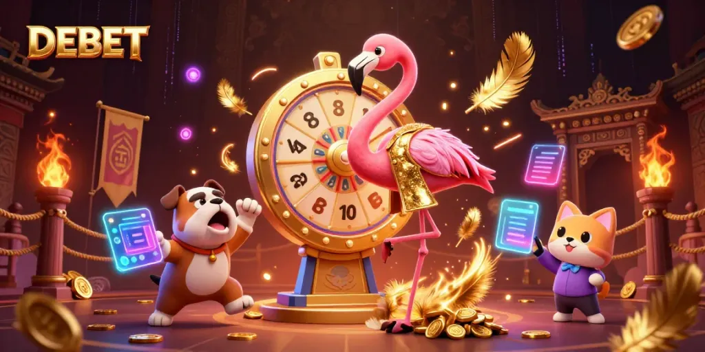 Engage with DEBET's thrilling casino atmosphere featuring a flamingo game show host and excited bulldog contestant.