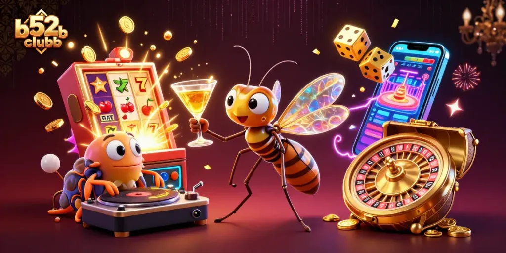 Join the thrilling b52clubb experience with a lively casino mascot and vibrant gaming symbols.