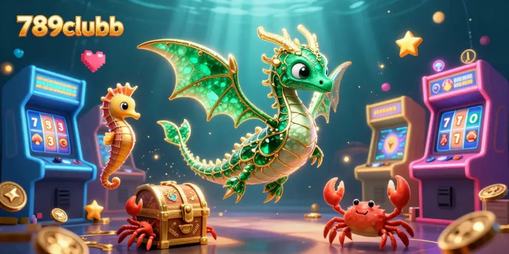 Experience thrilling games with 789clubb's captivating 3D casino illustration featuring dragons and slot machines.