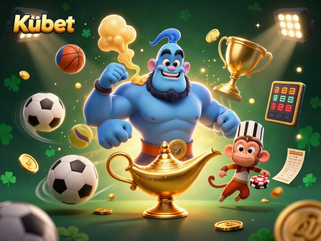 Kubet features a dynamic scene with a muscular genie and a monkey on a magic carpet amidst sports betting elements.