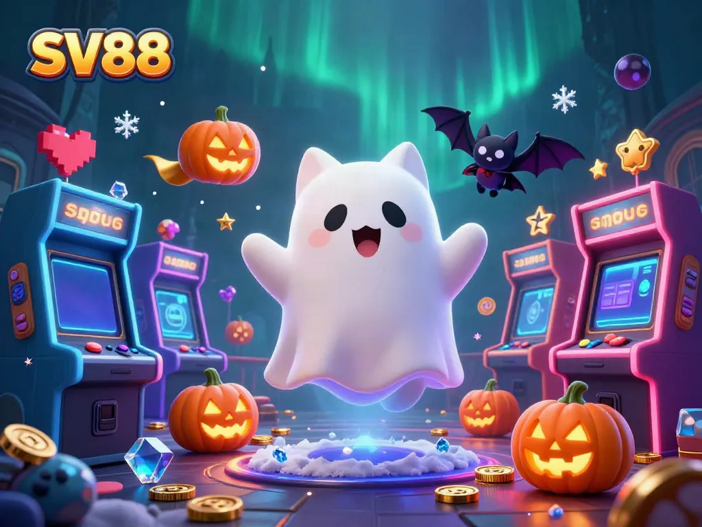 Engaging scene of SV88 with a ghost cat, vampire bat, and glowing poker jack-o-lanterns in a vibrant casino setting.