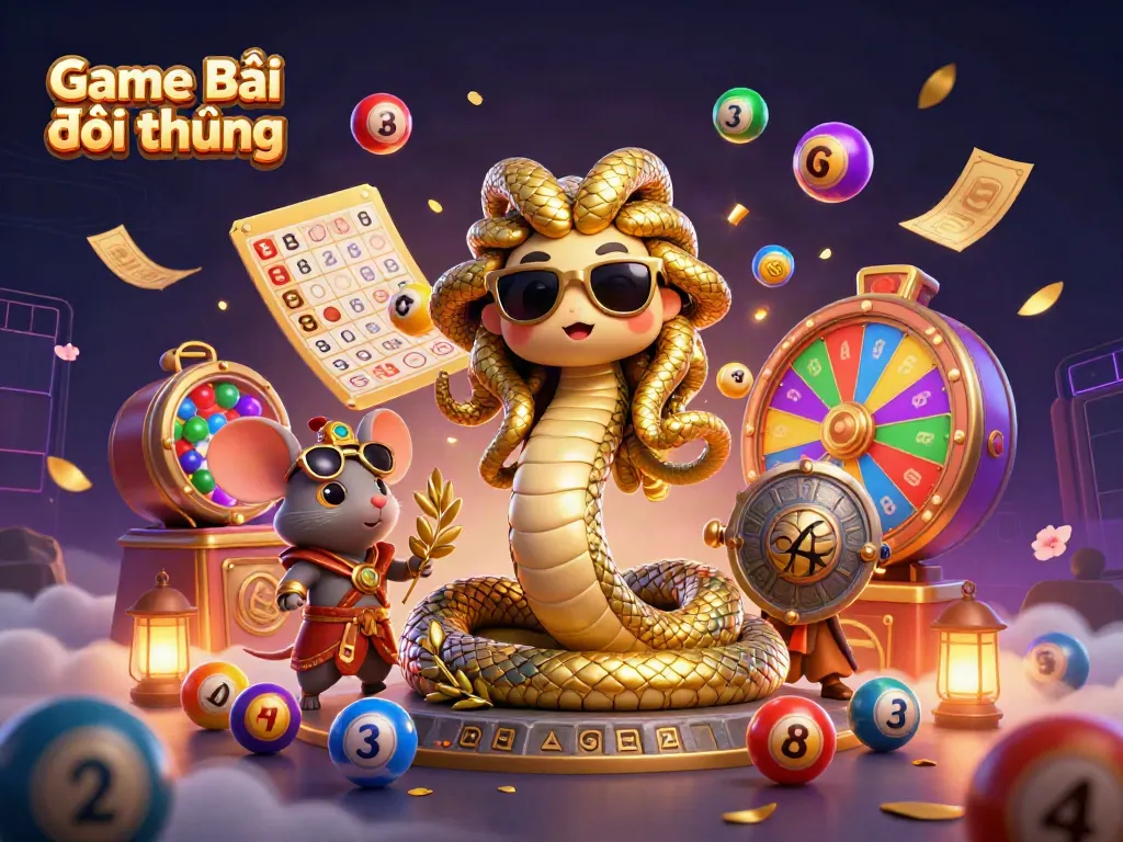 Game Bài Đổi Thưởng showcases an exciting 3D illustration of Medusa and a warrior mouse surrounded by vibrant gaming elements.