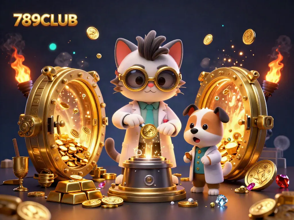 Experience the thrill of 789CLUB with gold treasures and dynamic gaming elements in a vivid casino lab.