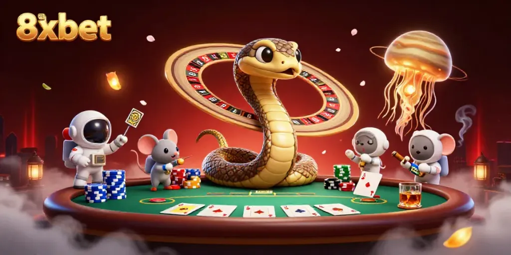 Engage in thrilling bets with 8xbet in a vibrant cosmic casino scene featuring animated characters and game elements.
