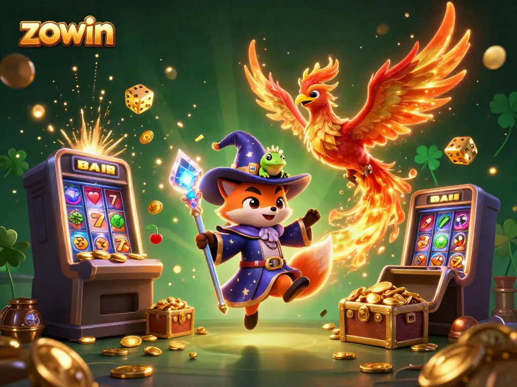 Experience the excitement of zowin with a wizard fox, phoenix, and jackpot symbols in this vibrant casino scene.