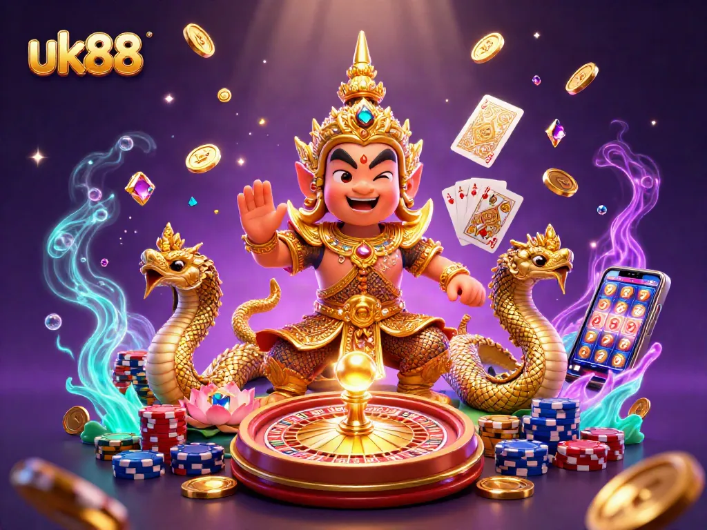 Engage in thrilling casino experiences with uk88 featuring rich graphics of a guardian and treasures.