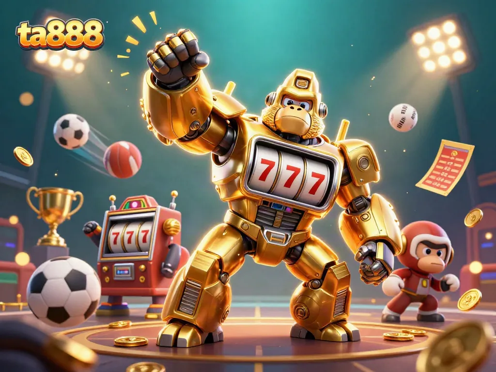 Experience thrilling wins at ta888 with a dynamic scene featuring a golden gorilla mech and sports elements.