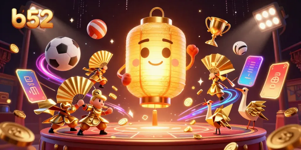 Engage in thrilling gameplay at B52, featuring a vibrant 3D casino scene with dynamic sports elements and a glowing lantern spirit.