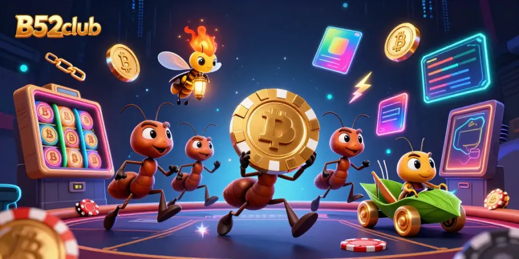 Engage with B52club's excitement as ants carry a massive poker chip through a vibrant casino-themed heist