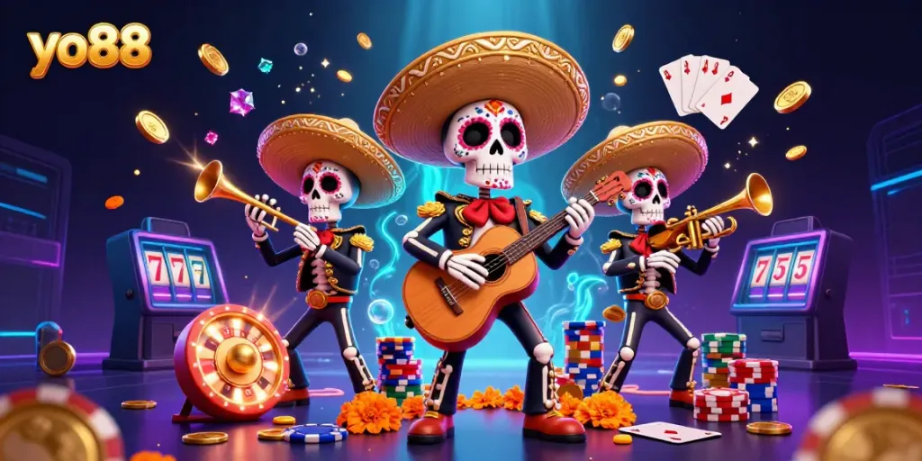 Experience excitement at yo88 with a vibrant 3D scene of colorful skeleton mariachi musicians and dynamic casino elements.