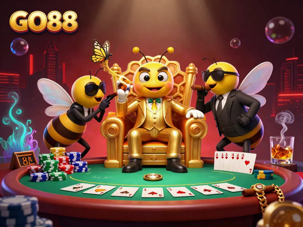 Join the GO88 gaming adventure with a cartoon mob boss and vibrant poker scene.