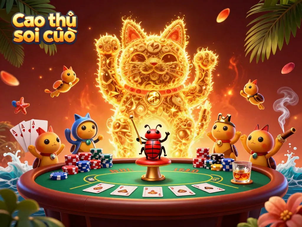 Engaging illustration of a giant lucky cat formed by fireflies, showcasing cao thủ soi cầu elements in a vibrant casino scene.