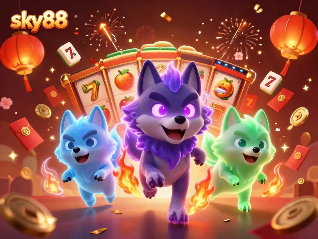 Experience the thrill of sky88 with vibrant slot reels, a wolf pack, and festive elements in this dynamic digital illustration.