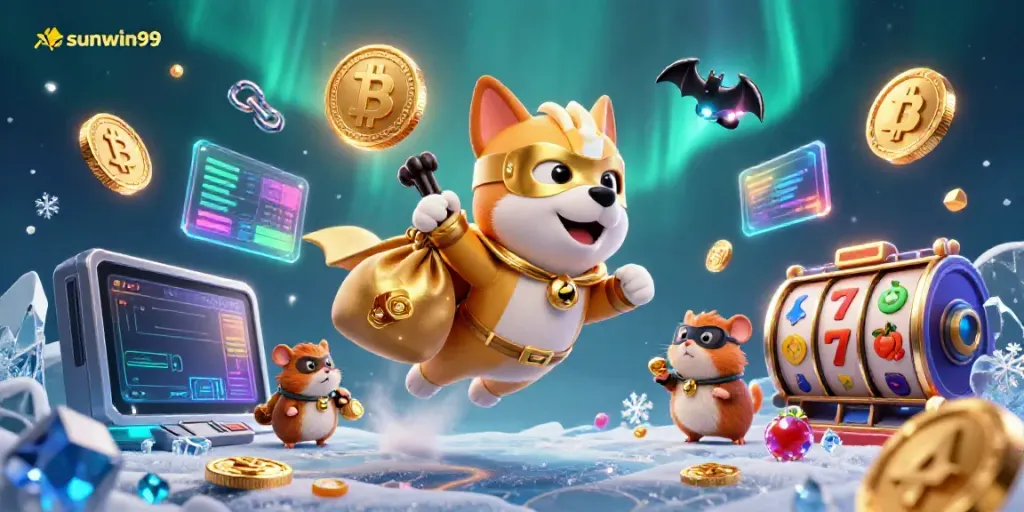 Win exciting jackpots with sunwin99's 3D cartoon casino illustration featuring superhero characters.