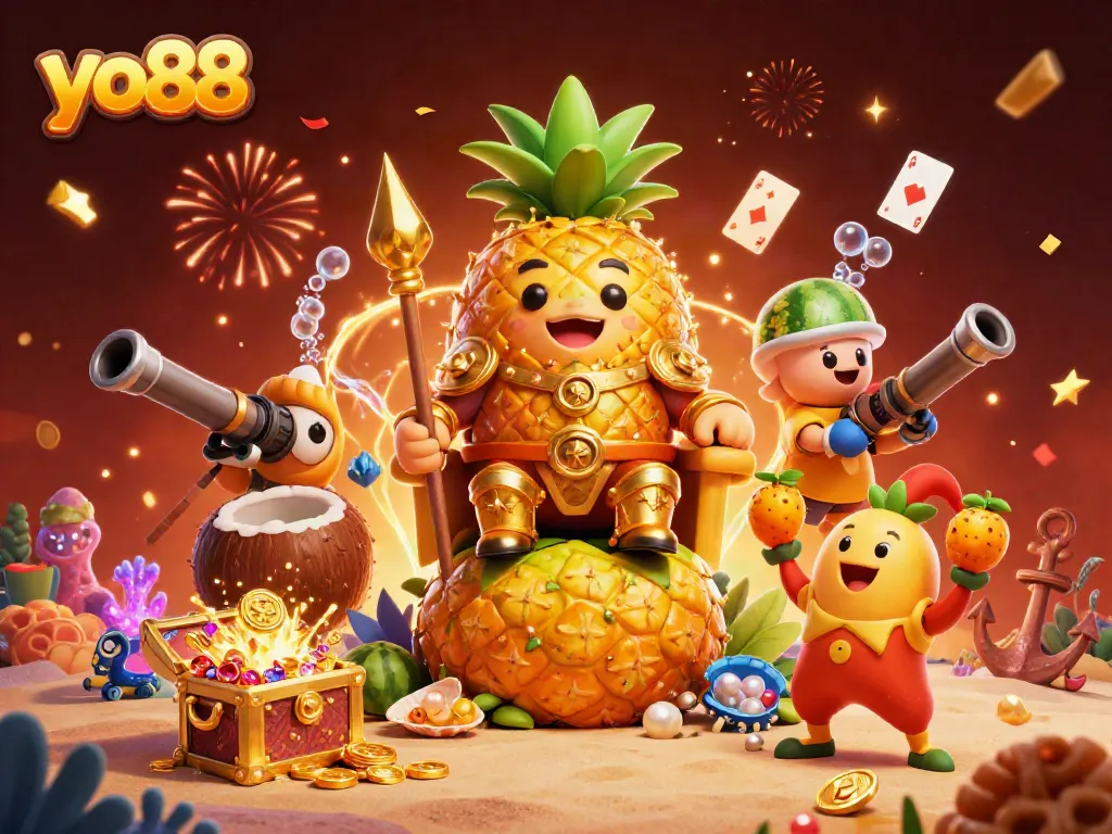 Experience the thrilling world of yo88 with vibrant characters, treasure, and games in a dynamic casino illustration.